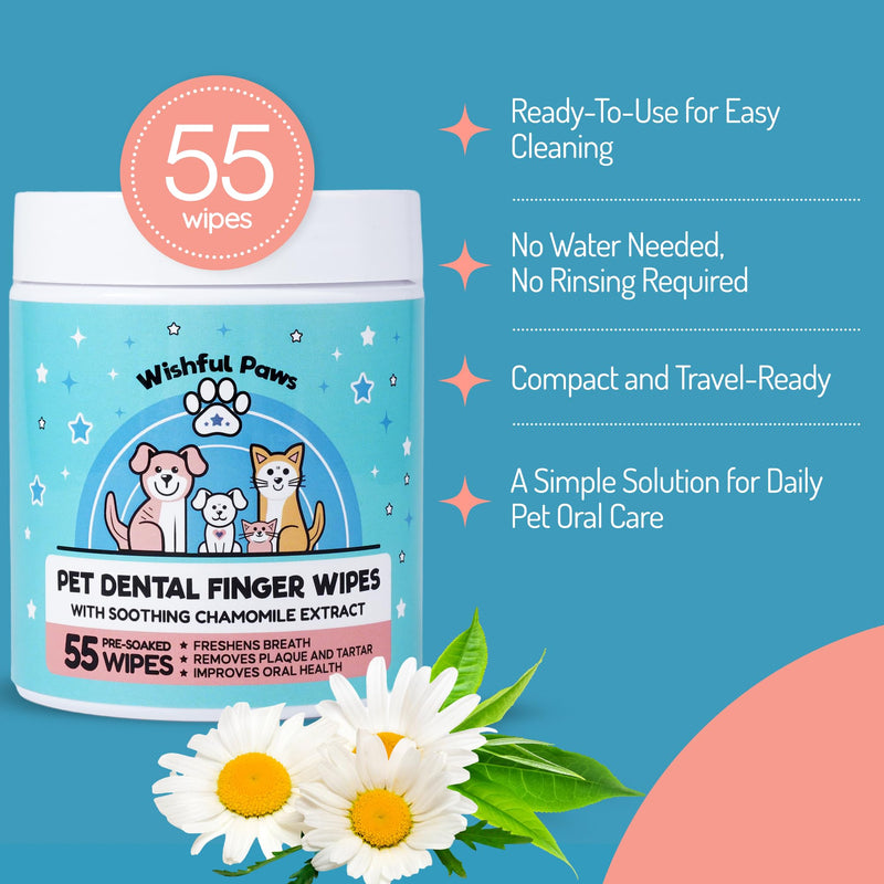 [Australia] - Dog Teeth Cleaning Wipes - Dog Tooth Brushing Kit - Dog Toothbrush Finger Wipes - Removes Plaque & Tartar, Dog Breath Freshener - No-Rinse Pet Dental Care for Dogs & Cats - Easy Use - 55 Count 