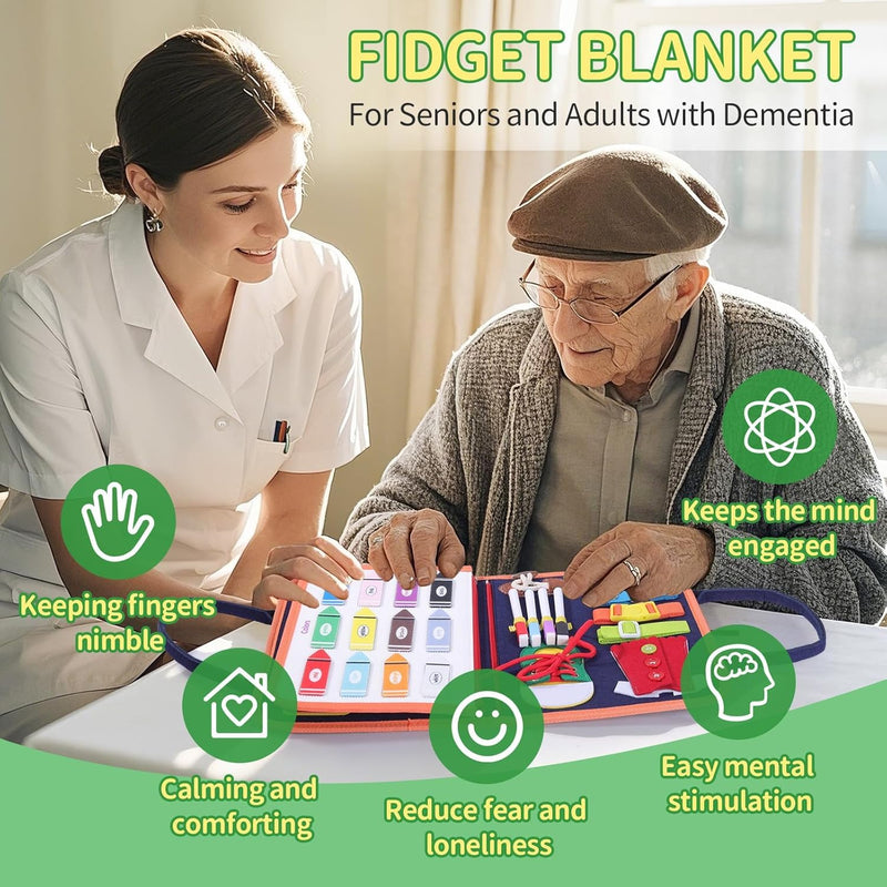Fidget Blanket for Dementia, Alzheimers Dementia Products for Elderly, Memory Games Busy Boxes for Dementia Patients, Dementia Activities for Seniors, Dementia Aids(Five-Page with Crushed Flower)