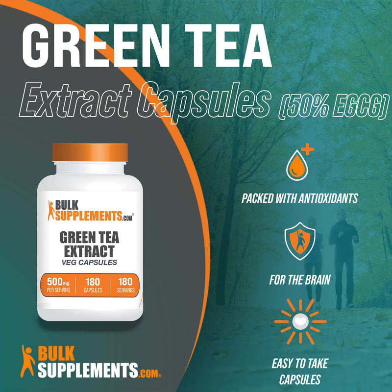 BulkSupplements.com Green Tea Extract Capsules - with 50% EGCG - EGCG Supplements - Green Tea Supplement - 1 Green Tea Capsules per Serving - Green Tea EGCG - Green Tea Pills (180 Veg Capsules) 180 Count (Pack of 1)