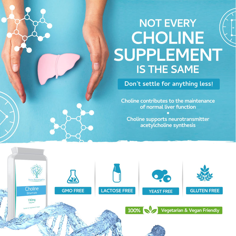 Choline Bitartrate 730mg Daily Dose, 120 Vegan Choline Supplement Capsules - UK Made Support for Healthy Liver Function and Fat Metabolism