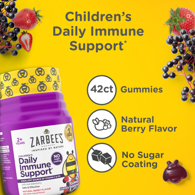 Zarbee's Kids Elderberry Immune Support Gummies, No Sugar Coating, 42 ct | For Ages 2+ Years, No Sugar Coating, Vitamins C D3 & Zinc, Elderberry, Supports Healthy Immune System, No Artificial Flavors 42 Count (Pack of 1)