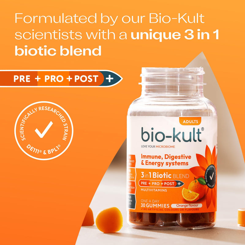 Bio-Kult 3in1 Gut Health Gummies for Adults | 2B CFU + Multivitamins | Orange Flavour | 30 Probiotic Gummies One Size