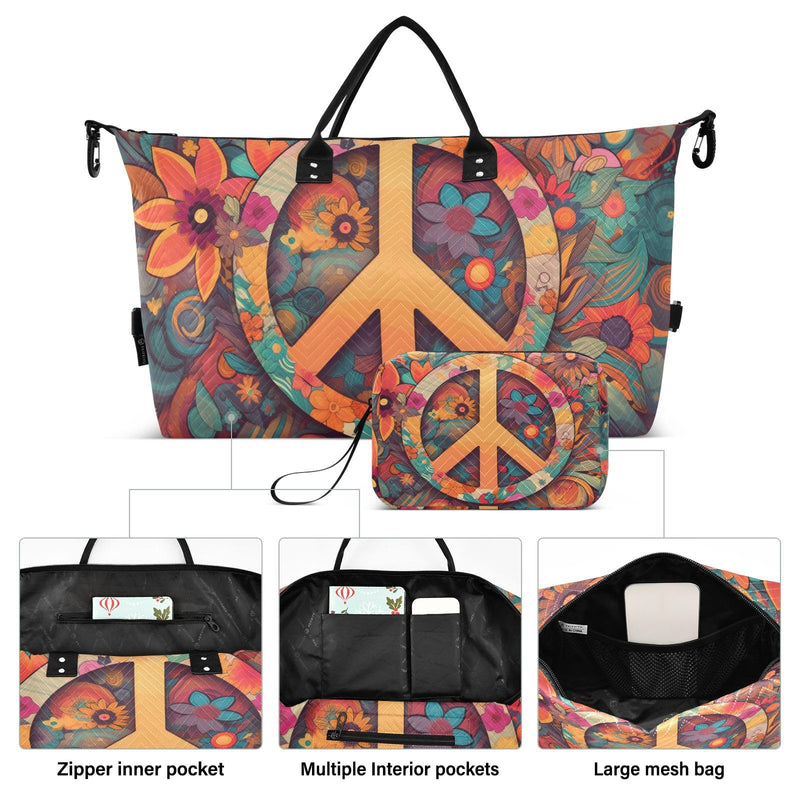 Duffel Bag Set with Toiletry Bag for Travel Gym Sport, Luggage Sleeve Weekender Bag Carry on Overnight Bag-Hippie Peace Print