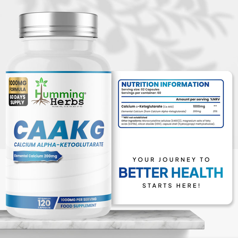 Humming Herbs Calcium Alpha-Ketoglutarate Supplement (CaAKG) 1000mg | 200mg Elemental Calcium (25% NRV) | 120 VeganCapsules | 60 Day Supply | Energy Metabolism Support