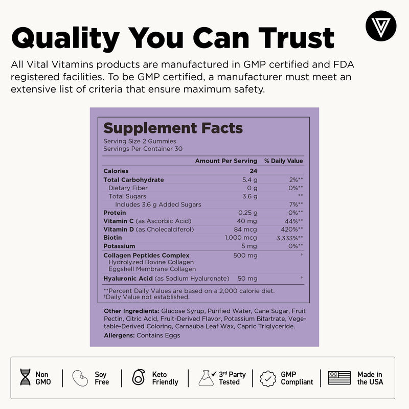 Vital Vitamins Multi Collagen Complex Plus Gummies - Collagen Peptides Types I, III & V with Hyaluronic Acid, Biotin, Vitamin C & Vitamin D - Hair, Skin & Nail Support - Wild Berry - 60 Count