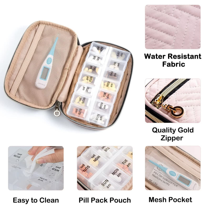 BAGSFY Pill Organizer Case 2 Times a Day- Weekly Medicine Organizer Travel Pill Box with Removable 7 Day Medicine Case Container for Fish Oil, Vitamin, Supplement Small Pink