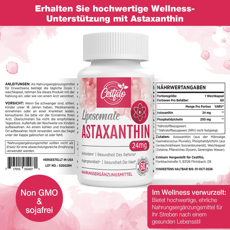 [Australia] - Cestfilo Liposomal Astaxanthin Supplement 24 mg, Maximum Absorption, Gluten Free, GMO Free (60 pieces (pack of 1)) 60 pieces (pack of 1) 