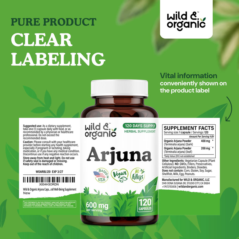 [Australia] - Wild & Organic Arjuna Bark Capsules - Overall Support - Arjuna Powder Supplement - 120 Herbal Capsules - 4-Month Supply - Terminalia Bark & Leaf Extract - Vegan, No Fillers, Non-GMO 