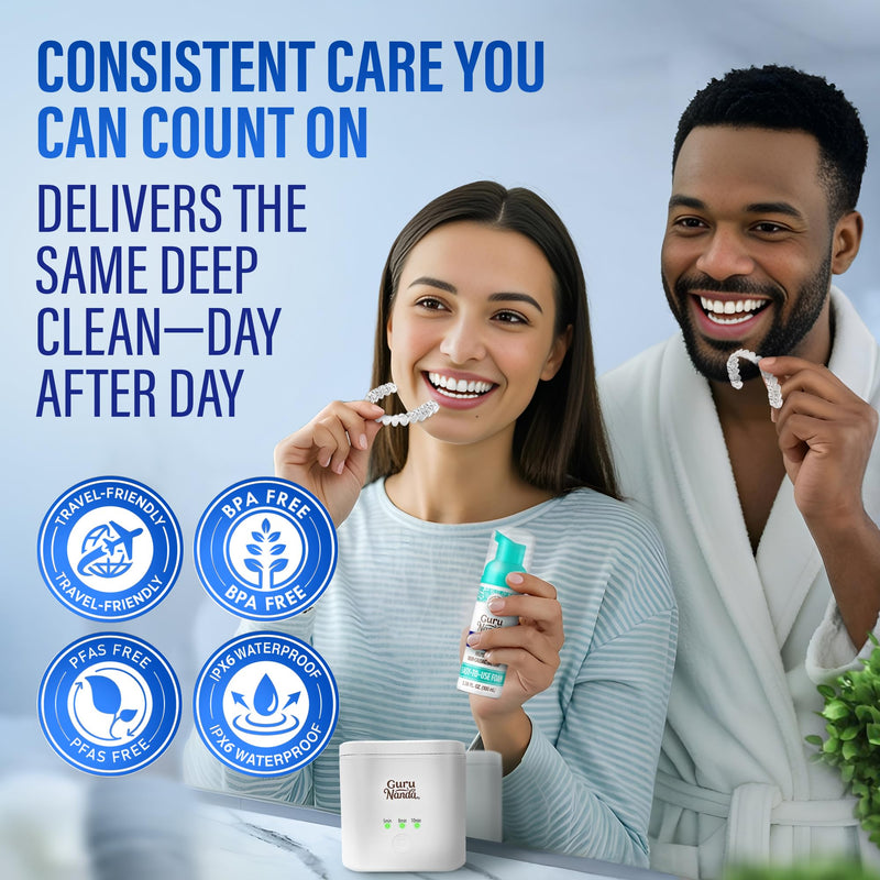 [Australia] - GuruNanda Retainer Cleaner Set – Ultrasonic & UV Cleaning Pod & Aligner Cleaning Foam, Deep Clean & Odor Neutralization for Retainers, Aligners, Dentures & Mouthguards 