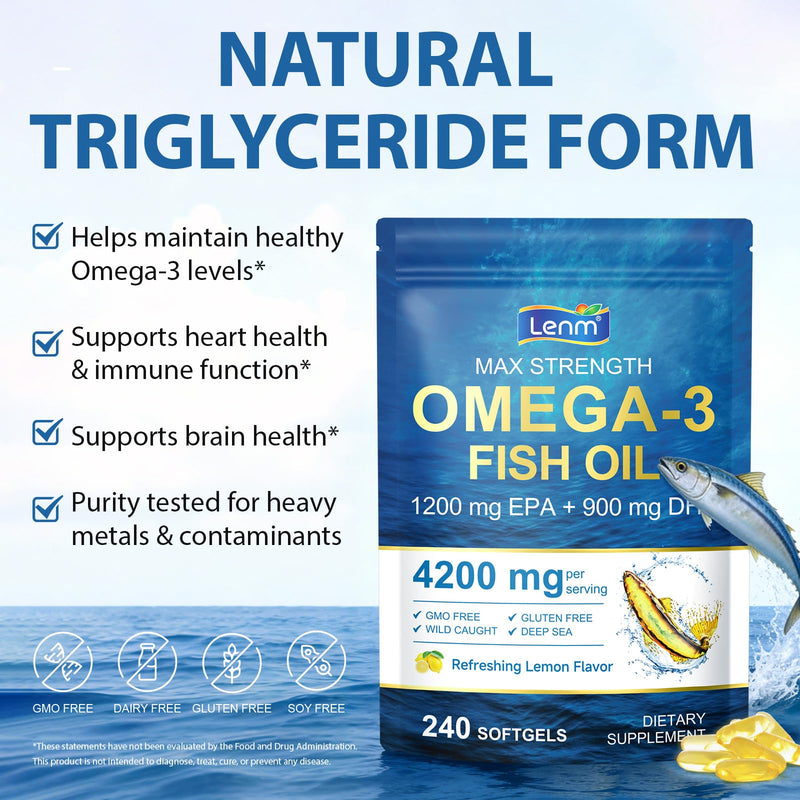 Omega 3 Fish Oil Capsules 4200mg High Strength, 1200mg EPA & 900mg DHA, Burpless Lemon Softgels, Omega 3 Supplement for Adults, Norwegian Fish Oil, Non GMO, 240 Capsules