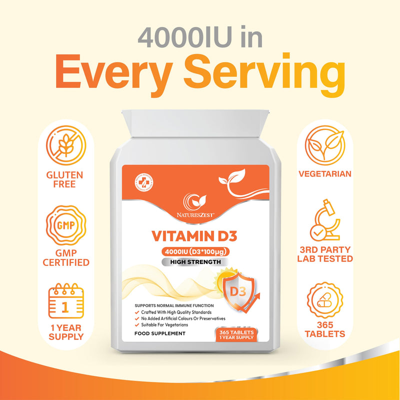 NATURES ZEST - Vitamin D3 4000 IU (100µg), High Strength D3 Vitamin for Calcium Absorption, Immune Support, Strengthen Bones, Teeth & Muscles | Vegetarian, Easy to Swallow, 365 tabs (1 Year Supply)