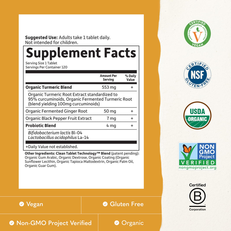 Garden of Life Organics Extra Strength Turmeric Inflammatory Response 120 Tablets-100Mg Curcumin (95% Curcuminoids) Black Pepper, Probiotics, Organic Non-GMO Vegan Gluten Free Herbal Supplement Unflavoured 120 Count (Pack of 1)