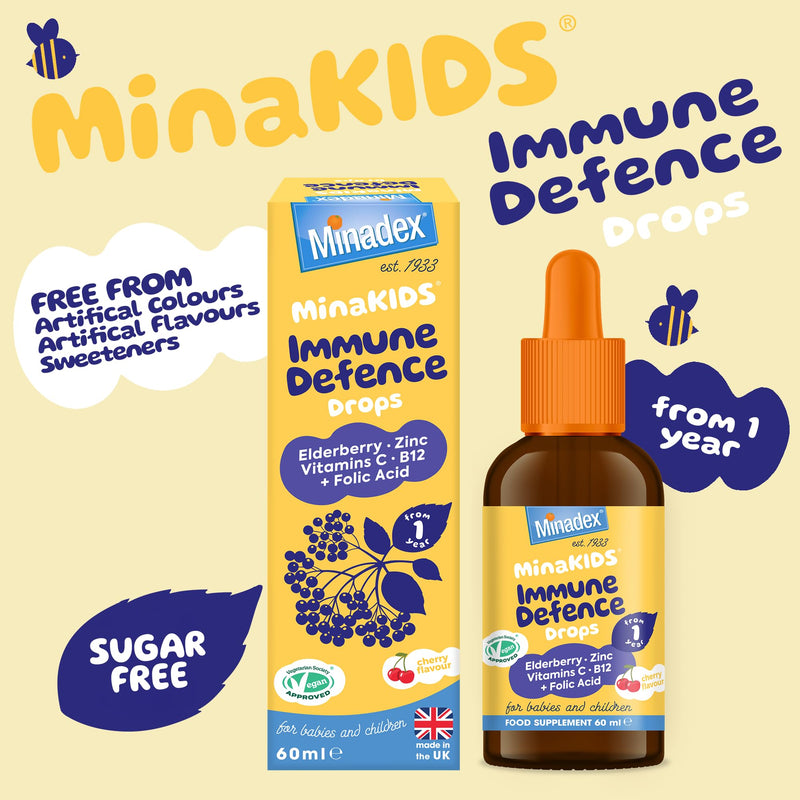 MinaKIDS Immune Defence Drops - Yummy Cherry Flavoured Liquid Supplement for Babies and Children with Elderberry, Zinc, Vitamin C & B12 and Folic Acid, Sugar-Free, Vegan, 60ml