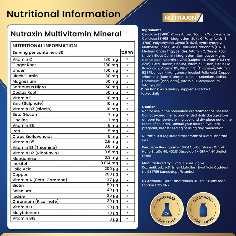 Nutraxin Multivitamin & Minerals Immune Support – 14 Vitamins, 9 Minerals with Elderberry, Black Cumin & Beta Glucan – Energy & Wellness Formula – 60 Vegan Tablets for Women & Men Immune Tablets