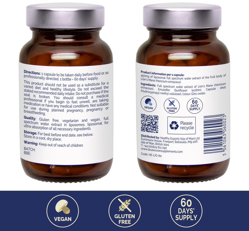 Lion’s Mane – World’s First and Only Powerful Liposomal Mushroom Technology – 60 Capsules – 60 Days’ Supply – Take 1 Per Day – Vegan – Gluten Free