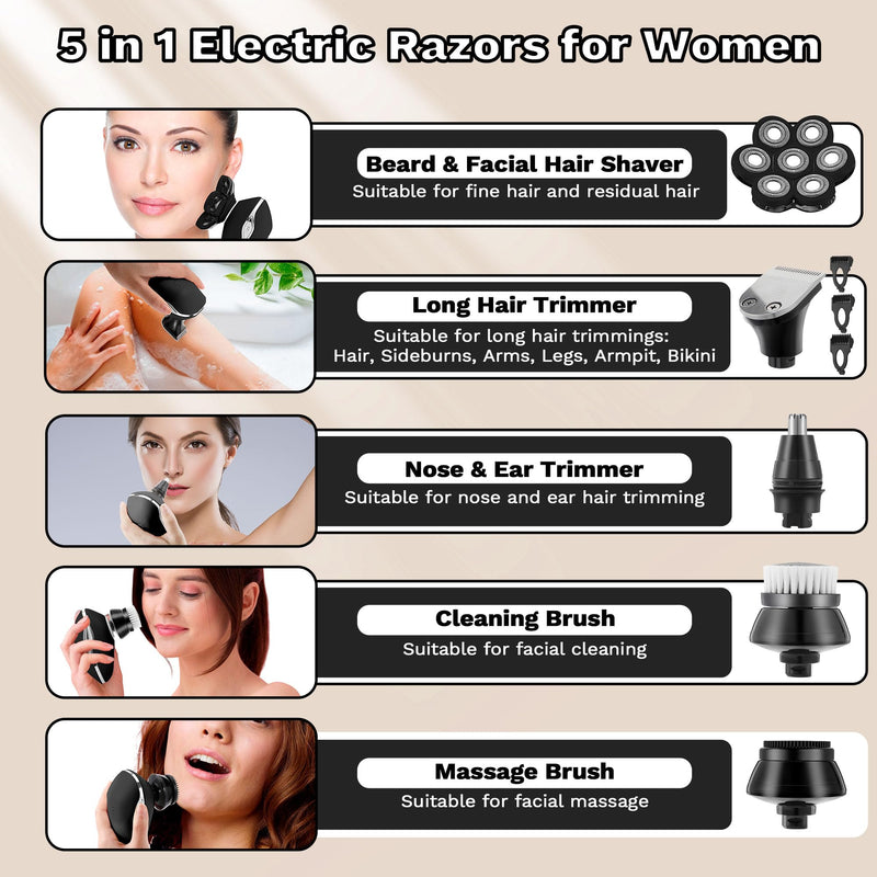 [Australia] - Electric Razors for Women, 7D Electric Shaver for Women, 5 in 1 Lady Shavers, Wet/Dry Bikini Trimmer, Rechargeable Face Razor for Arms Legs Armpit Pubic Area Black 