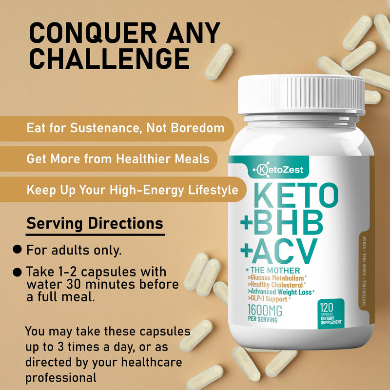 [Australia] - Keto ACV BHB Capsules 1600mg for Advanced Weight Loss & Belly Fat Burn - Organic Apple Cider Vinegar with The Mother Ketones Vegan Supplement - with Vitamin D3 Zinc Chromium for Men Women 120 Count (Pack of 1) 