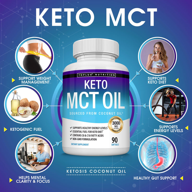 [Australia] - Toplux Keto MCT Oil Capsules - 3000mg Natural Pure Coconut Oil Extract Pills, Source of Energy, Easy to Digest for Men Women, 90 Softgels, Supplement Two 