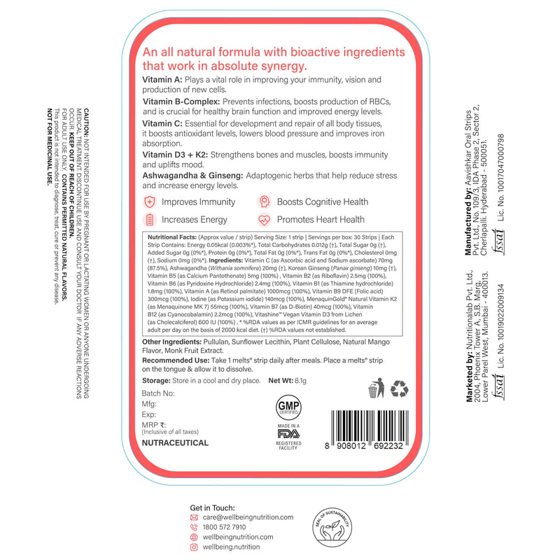 Wellbeing Nutrition Melts Plant Based Multivitamin for Men & Women with 100% RDA of Vitamin A, Vitamin B-Complex, Vitamin C, D3 + K2, Ashwagandha & Ginseng for Immunity & Energy (30 Oral Strips)