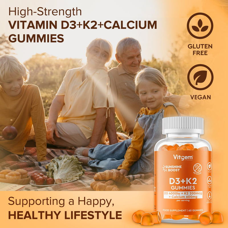 60 Gummies - Vitamin D3 4000 IU + K2 100 µg - Orange Flavored Gummy for Immune and Bone Health Support - High Strength Sunshine Vitamin D Supplement - Vegan, Gluten Free & Sugar Free 60 count (Pack of 1)