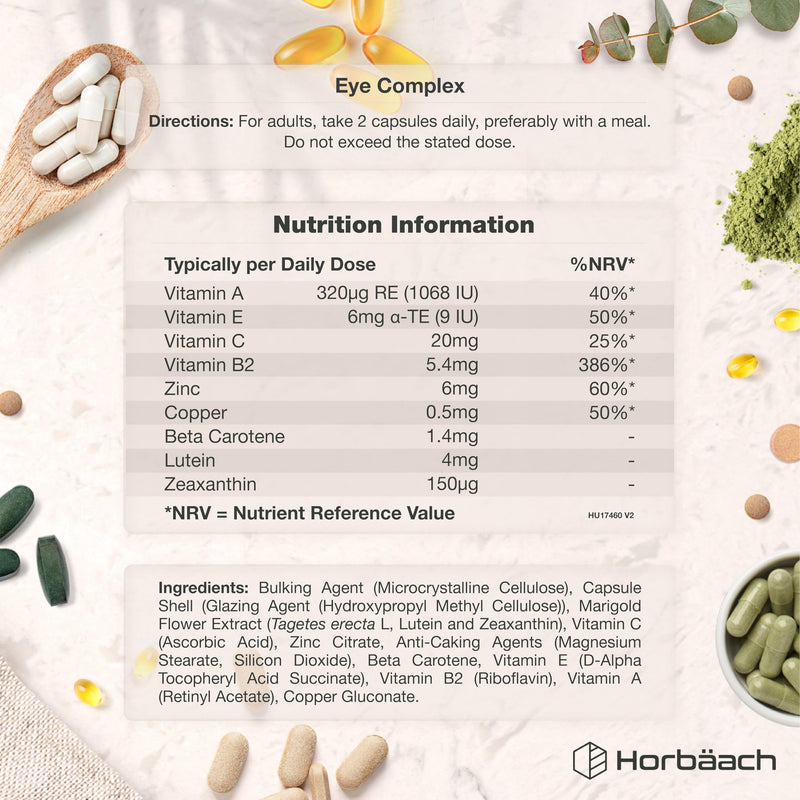 Lutein and Zeaxanthin Eye Supplement for Adults | High Strength Complex with Vitamin A, E, C, B2, Zinc, Copper and Beta Carotene | 120 Vegan Capsules | By Horbaach