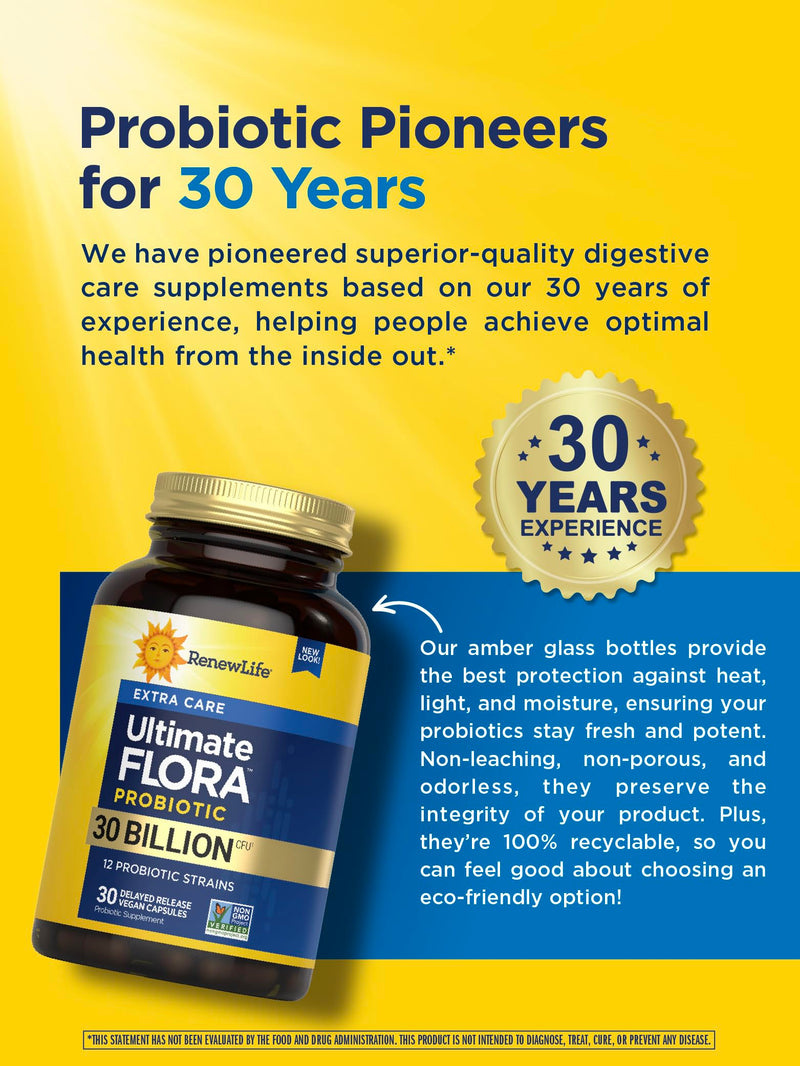 Renew Life Ultimate Flora Probiotic 30 Billion CFU | 30 Delayed Release Vegan Capsules | Microbiome Balance | Dairy, Soy and Gluten Free 30 Count (Pack of 1)