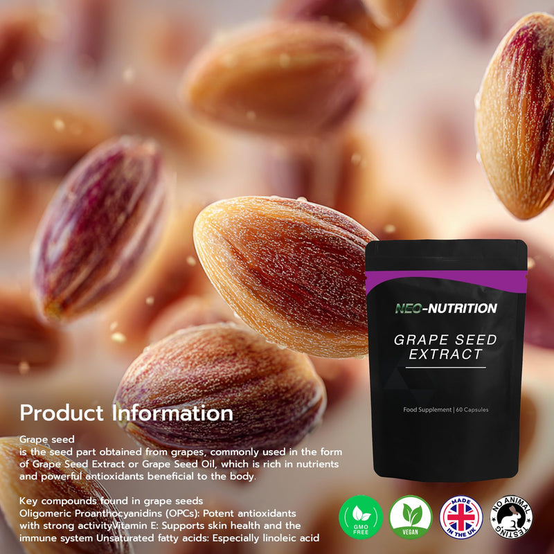 Organic Grapeseed Extract 25,000mg - High Strength 50:1 Extract - 60 Vegan Capsules - Resealable and Recyclable Pouch Neo Nutrition