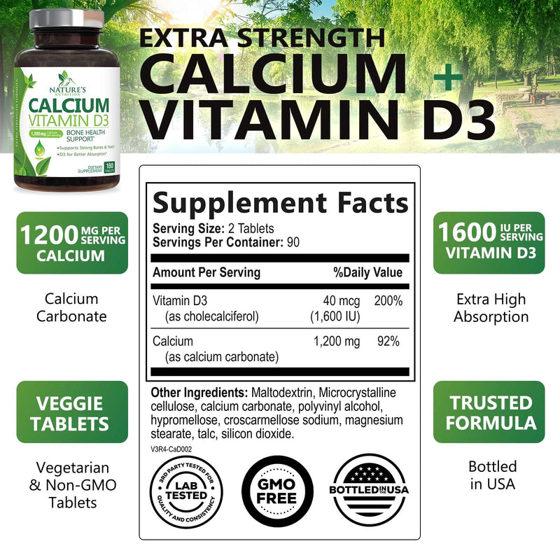 Calcium Supplement with Vitamin D3-1200 mg Calcium per Serving with D3 for Best Absorption - Supports Immune Health, Bones & Teeth - Nature's Calcium is Bottled in USA for Women & Men - 180 Tablets 180 Count (Pack of 1)