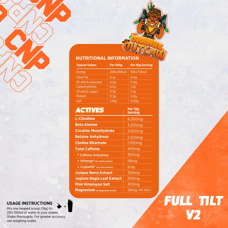 CNP Professional Full Tilt V2, Very Strong High Stims Ultimate Pre-Workout, Fatigue Reduction, Great Pumps, High Caffeine Content, 30 Servings, 4 Exclusive Flavours (570g Orange Outlaw) 570g