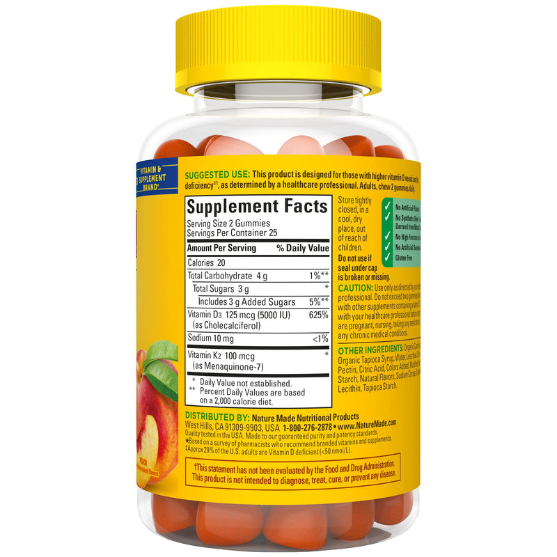 [Australia] - Nature Made Vitamin D3 K2 Gummies, Vitamin D 5000 IU Per Serving for Bone, Teeth, Muscle and Immune Support, 50 Gummy Vitamins, 25 Day Supply 