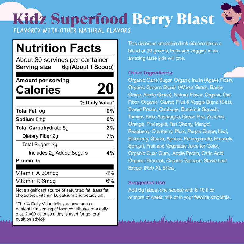 Amazing Grass Kidz Superfood Organic Greens, Berry Blast, 30 Servings | Organic Greens, Fruits, Veggies & Beet Root Powder with Probiotics, Superfood Nutrition Blend for Healthy Kids
