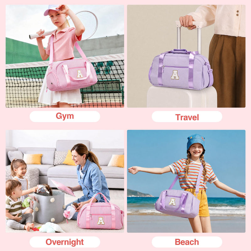 YOOLIFE Initial Travel Duffle Bag Overnight Bag Weekender Gym Bag Purple A | Birthday Gifts for 7 8 9 10 11 12 13 Year Old Girls, Travel Duffle Bag, Shoe Compartment, Overnight Weekender Bag