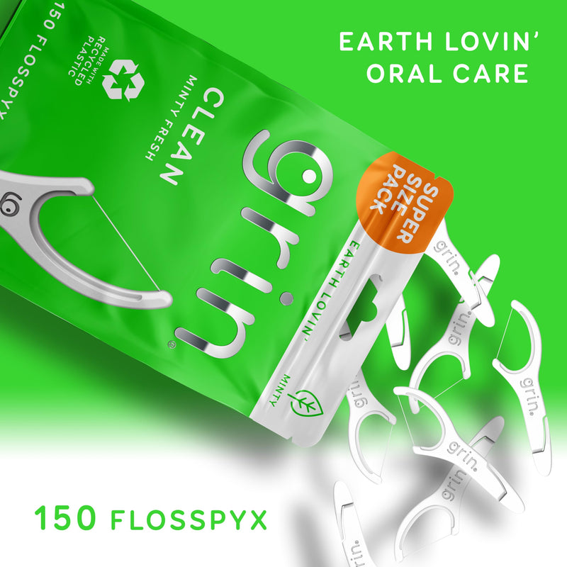 [Australia] - GRIN Clean Flosspyx, Floss Picks, 150 Count, Dental Flossers, Minty Flavor, Recycled Plastic, Super Strong Fine Floss, Tight Teeth, Premium Longer Floss Head, Includes Safe Fold-Back Tooth Pick 150 Count (Pack of 1) 