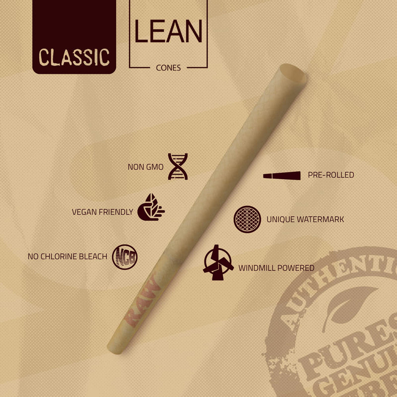 [Australia] - RAW Cones Lean Size Classic - 50 Pack -Slow Burning Rolling Paper Pre-Rolled with Tips 