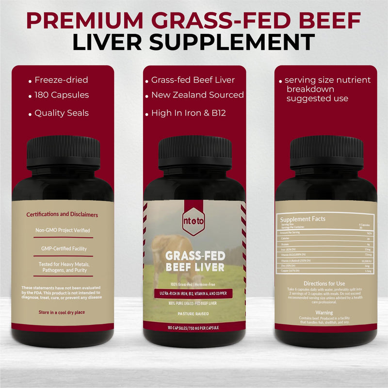 Grass Fed Beef Liver Capsules 180ct | Supports Energy, Health Detox & Immunity with Vitamin A, B12, Iron Liver & Metabolic | Liver Supplement for Gut, Skin & Brain Health | Non-GMO, Keto, Paleo