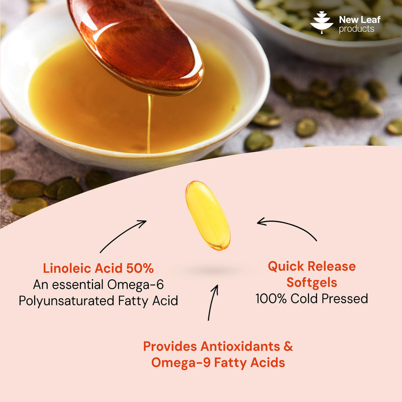 Pumpkin Seed Oil Capsules 3000mg - 100% Cold Pressed – 180 Softgels – 1500mg Linoleic Acid - Omega 6-Pumpkin Seed Oil for Hair Growth - UK Made By New Leaf Products 50% Linoleic Acid