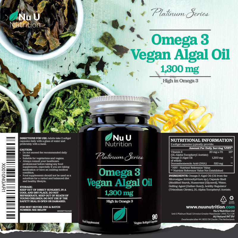 Vegan Omega 3 Algae Oil 1300mg - 520mg DHA per Serving - 90 Vegan Softgel Capsules with Vitamin E - High Strength DHA from Marine Algae Oil - Plant Based Omega 3