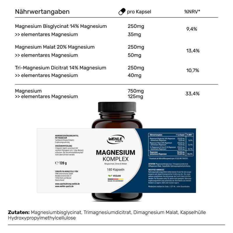 [Australia] - High-dose magnesium 2250 mg magnesium per daily dose - 3-fold complex with: magnesium bisglycinate, magnesium citrate magnesium malate, high-dose, vegan (360 capsules) 360 capsules (savings package) 