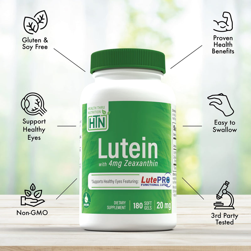 [Australia] - Lutein 20mg with Zeaxanthin 4mg 180 Softgels | All-Trans Marigold Extract in Nature Identical 5:1 Ratio | Supports Healthy Eye, Skin and Brain | Non-GMO Soy & Gluten Free | by Health Thru Nutrition 180 Softgels (Pack of 1) 