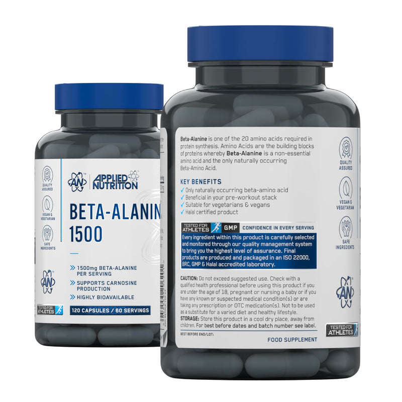 Applied Nutrition Beta Alanine 1500, Amino Acid Supplement, Strength & Performance, 750mg Beta Alanine Per Capsule (120 Capsules - 60 Servings)
