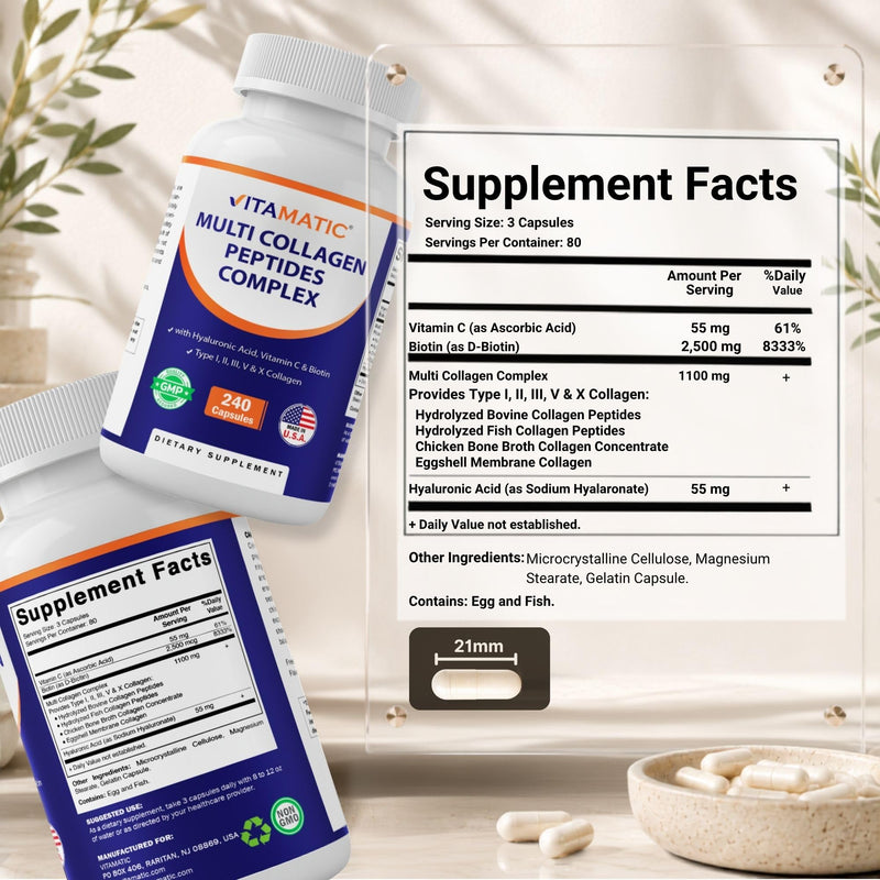 Vitamatic Multi Collagen Peptides Complex with Hyaluronic Acid, Vitamin C & Biotin, Types I, II, III, V & X Collagen, 240 Capsules, Non-GMO, Made in USA