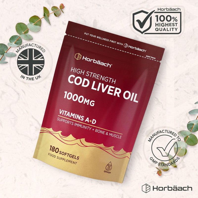 Cod Liver Oil Capsules High Strength 1000mg | 180 Softgels (6 Months Supply) | with Omega 3 Fatty Acids with Vitamin A and D + DHA & EPA | Formula for Adults | By Horbaach