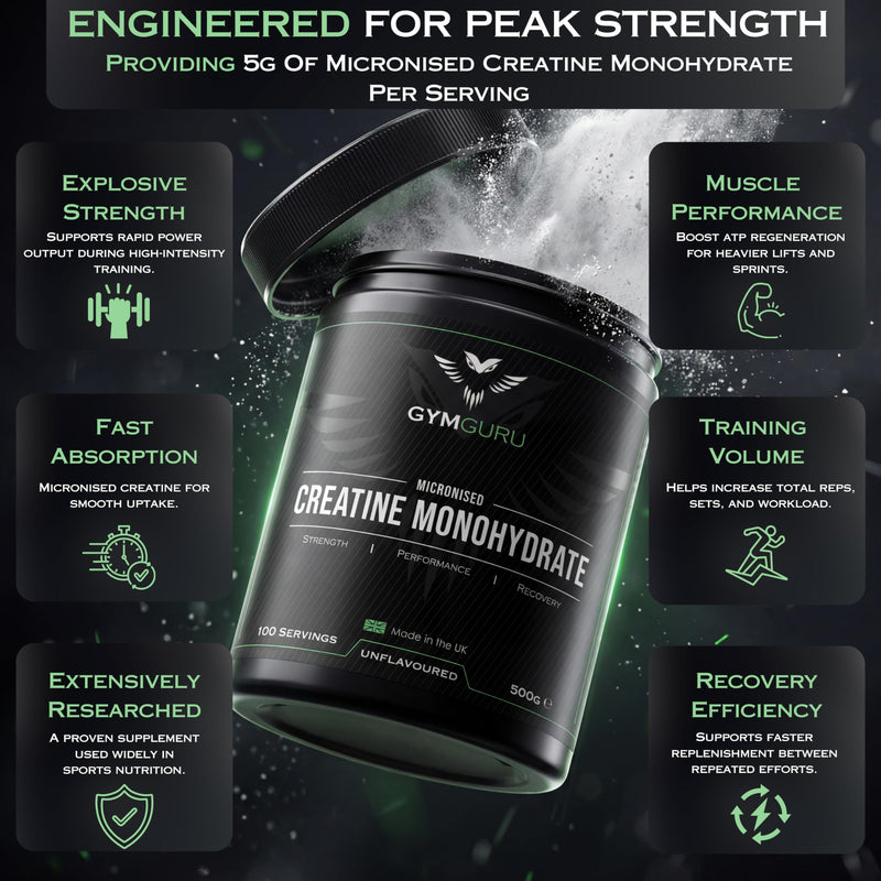 Gym Guru® Micronized Creatine Monohydrate Powder 500g - UK Made | Unflavoured Pure Creatine Monohydrate Powder, Easy Dissolve, Vegan Creatine 5g for Gym, Men & Women, 100 or 50 Servings