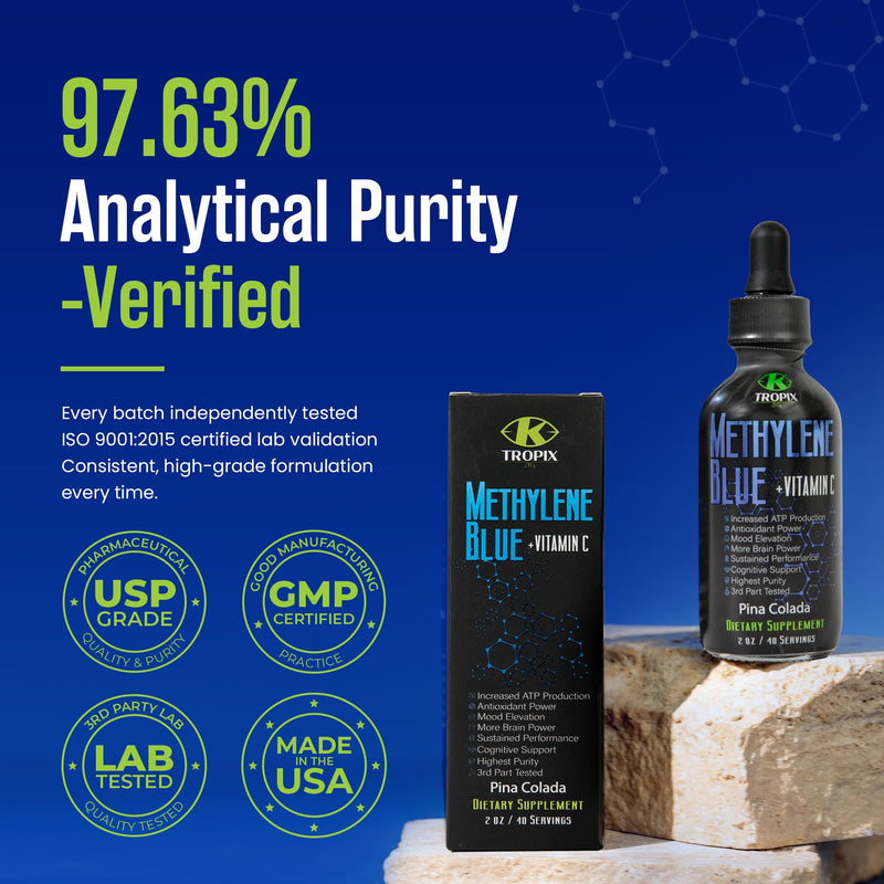 K TROPIX Methylene Blue + Vitamin C, USP Grade, Cellular Energy, 2oz Bottle | Natural Flavors, 97.63% Purity, Cognitive Support & Antioxidant Defense, Clean Formula, GMP-Certified, Lab-Tested