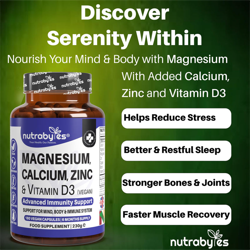 Calcium Magnesium Zinc Vitamin D3 | 180 Vegan Capsules | Bone Health Teeth Muscles Immune Support | with Copper Boron Manganese | Non-GMO Gluten Free | Women & Men | 6 Month Supply | UK