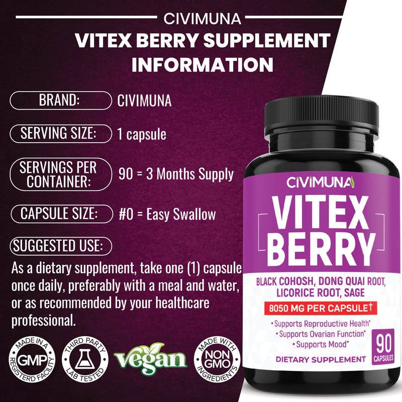 [Australia] - Vitex Berry Extract Capsules | 8050mg | 90 Capsules - 3 Months Supply | Vitex Berry, Black Cohosh Root, Dong Quai Root 
