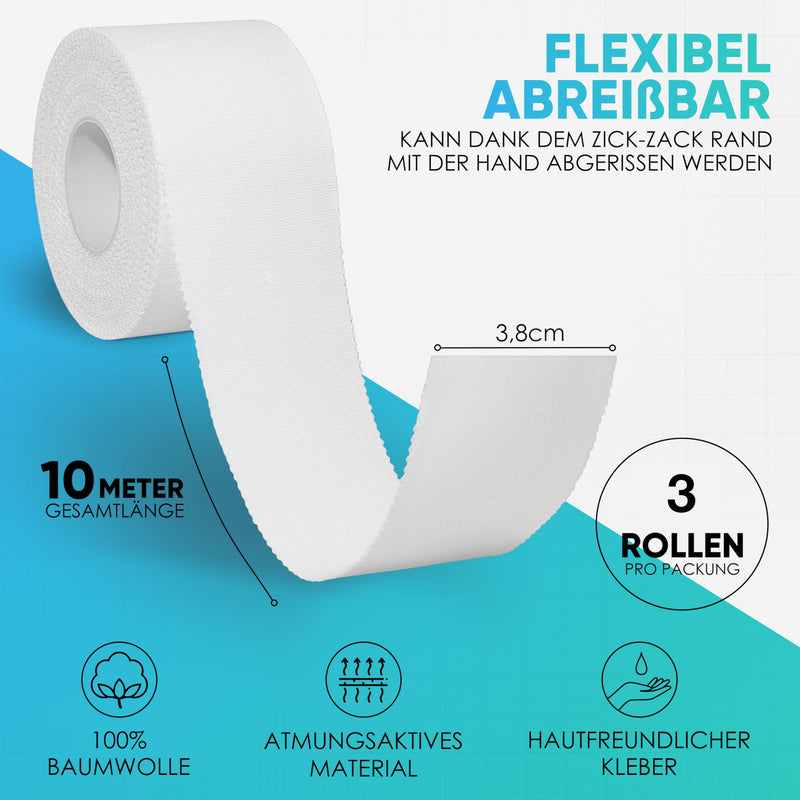 [Australia] - Health Press® sports tape - 3 rolls of tape (3.8 cm x 10 m) - sports tape white - tearable professional sports tape - sports tape bandage for all sports 3 pieces (3.8 x 1000 cm) white 