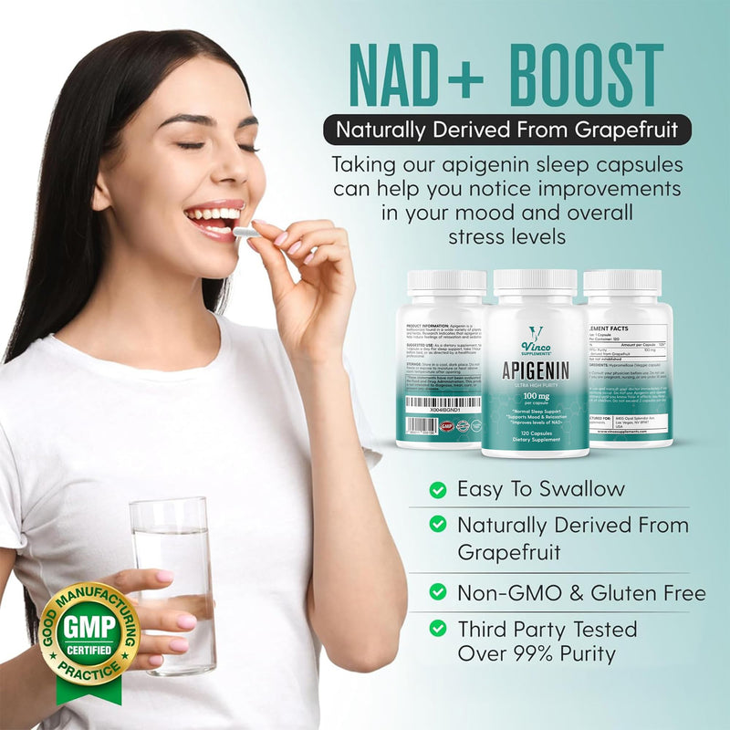 Vinco Apigenin 100mg Supplement - 120 Sleep Capsules for Better Relaxation, 99%+ Pure Natural Formula - NAD Booster, Apigenin Sleep Supplements, Natural Sleep Aid for Adults - Made in the UK