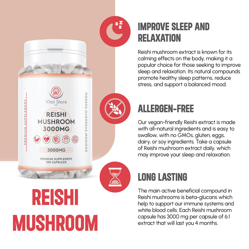 Reishi Mushroom Extract 3000MG - 4 Month Supply 120 Vegan Capsules - Ganoderma lucidum Extract