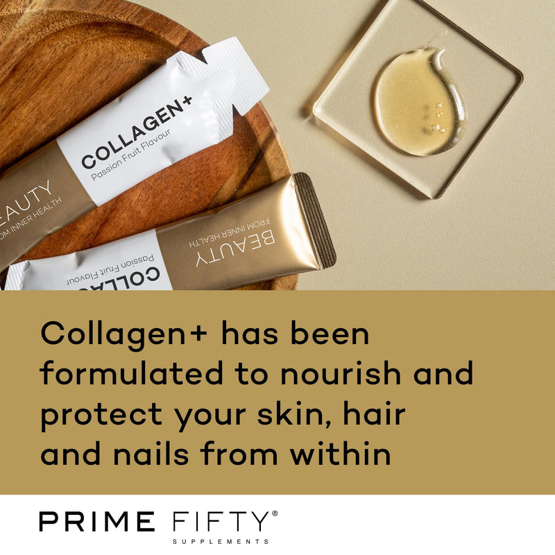 Prime Fifty Liquid Collagen 5,000mg, 14 x 15ml Sachets – Passion Fruit Flavour – Bio-Marine Collagen Supplements for Women – Biotin, Retinol, Selenium & Vitamins A, D, C & B12